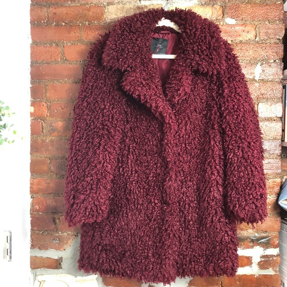 Zara Burgundy Teddy Aviator Coat Size 